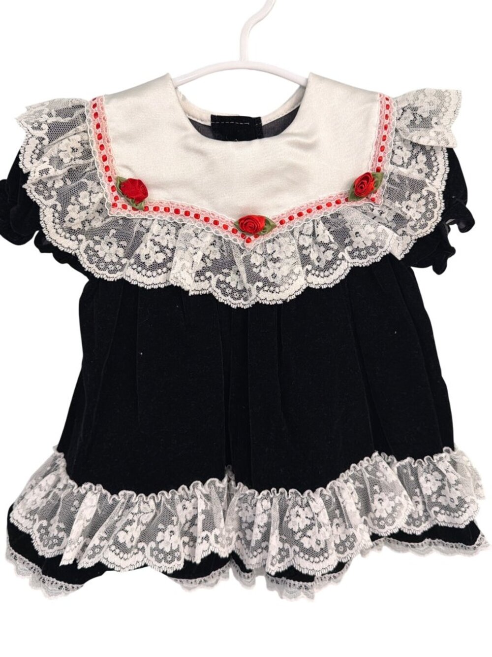Mothercare Baby Girls Black Velvet Dress 18 Months Lace Trim & Red Rose Accents